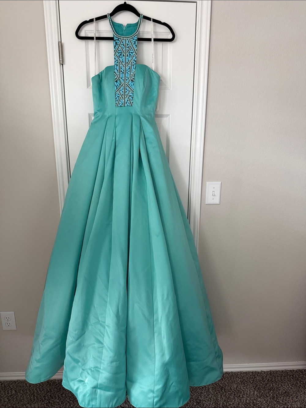 Turquoise Beaded Halter Ball Gown Dress